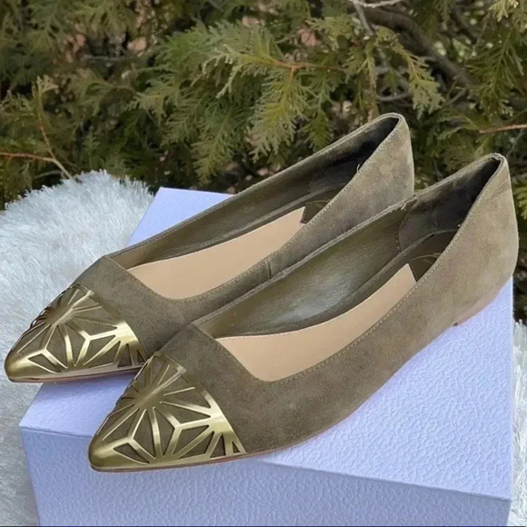 Brian Atwood Olive Gold Toe Flats - Picture 1 of 7